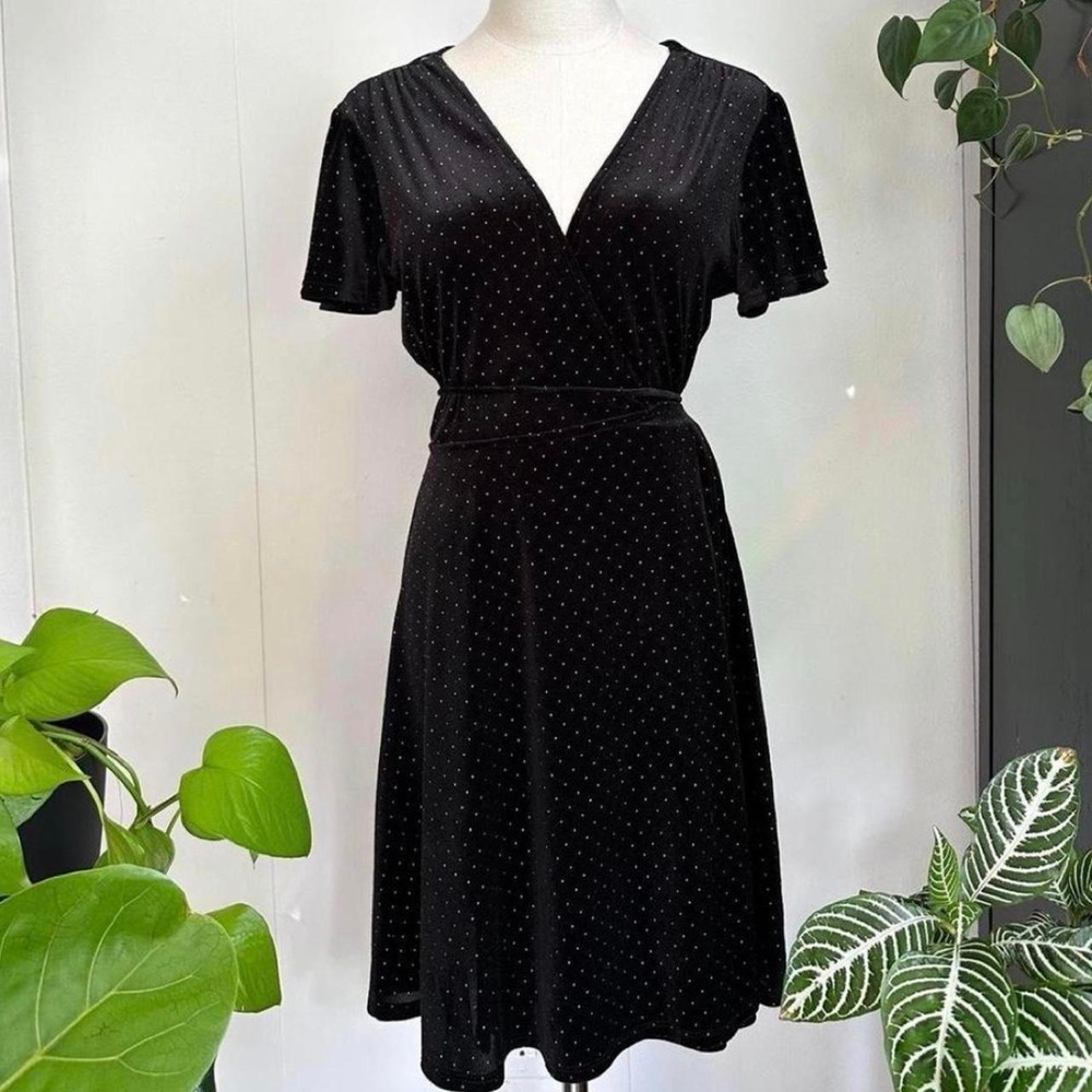 GB Vintage 90s Black Velvet Gold Polka Dot Wrap Midi Dress Fluted Sleeve USA M